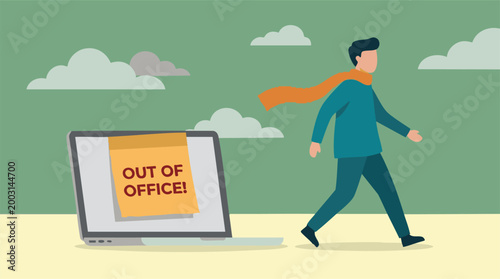 Man walking away from laptop with 'Out of Office' note, symbolizing work break