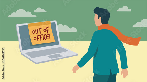 Out of Office Concept with Person Leaving Laptop and Sticky Note