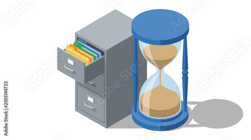 An organized filing cabinet in contrast with an hourglass represents the concept of time management and the importance of documentation in a professional environment.