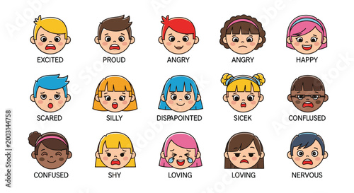 Emotion Icon Set with Various Facial Expressions Like Excited, Angry, Happy, Sad, and Nervous for Kids' Emotional Awareness and Fun Designs