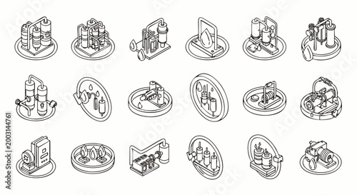 Water Filtration System Icons Set. Isometric Outline Illustrations of Water Purifier, Filter, and Treatment Technologies for Clean Water Concepts.