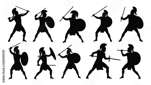 Silhouette collection of spartan warriors with swords and shields on a white background high quality professional detailed modern elegant stylish clean