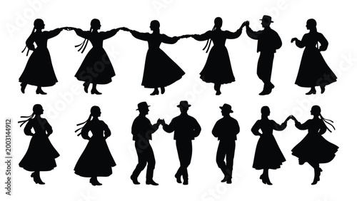 folk dancers silhouette collection traditional clothing group performance on white background high quality professional detailed modern elegant stylish clean crisp vibrant