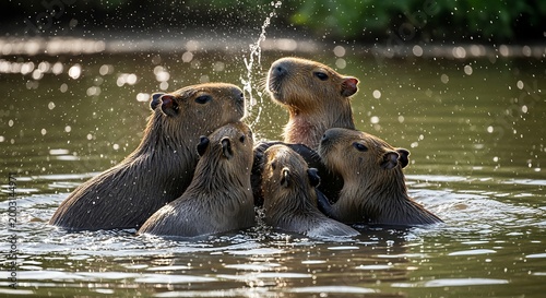 A group of capybaras playing and splashing in the water with bright sunlight and bokeh effects
