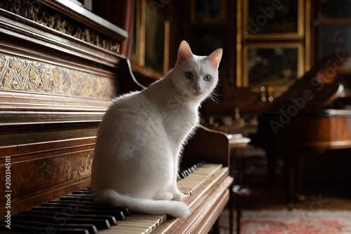 White cat sitting on piano keyboard in elegant music room