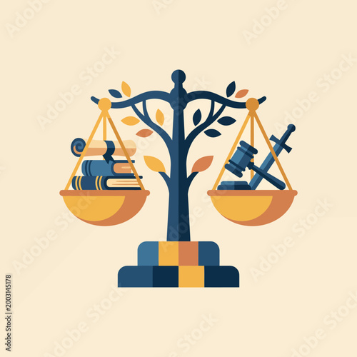 This image depicts a balanced scale representing justice, surrounded by law symbols and books, emphasizing the importance of equity, fairness, and legal principles in society.