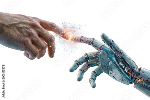 Human hand and robot hand touching with glowing energy connection