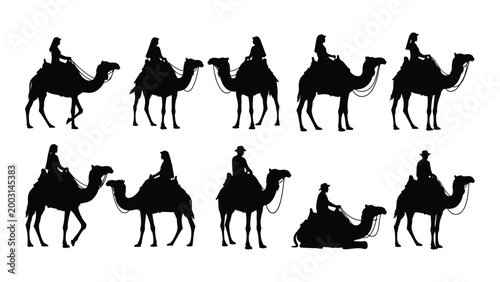 camel silhouettes with riders a collection of black vector illustrations on a white background high quality professional detailed modern elegant stylish