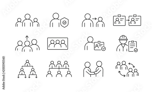 A set of team structure and roles icons illustrating hierarchy, role distribution, collaboration, and organizational relationships in modern teams, created in line style with editable stroke