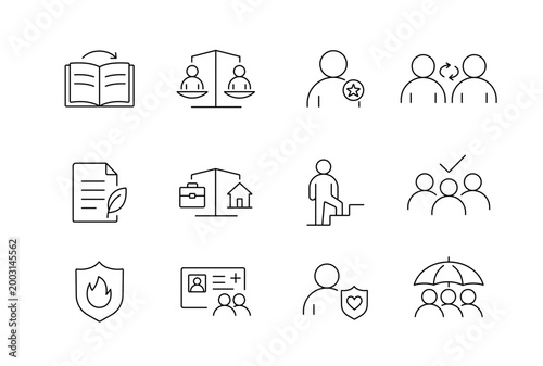 A set of employee wellbeing and workplace culture icons focused on mental health, engagement, inclusion, and professional growth in modern organizations, created in line style with editable stroke