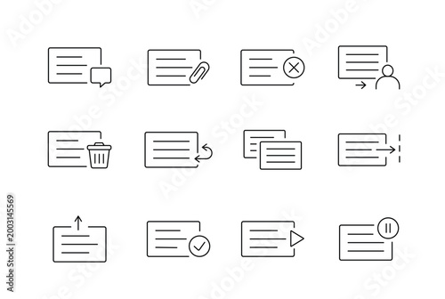 A set of task management and workflow action UI icons for editing, file handling, and task operations in web and app interfaces, created in line style with editable stroke
