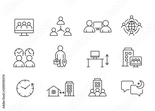 A set of hybrid and flexible work icons illustrating remote collaboration, distributed teams, and modern workplace setups for digital organizations, created in line style with editable stroke