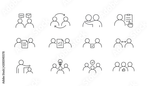 A set of team interaction icons illustrating collaboration, decision making, knowledge sharing, and communication within modern teams, created in line style with editable stroke