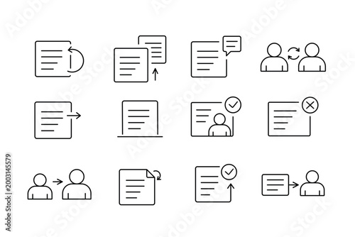 A set of review and approval action UI icons for content moderation, feedback, and decision workflows in web and app interfaces, created in line style with editable stroke