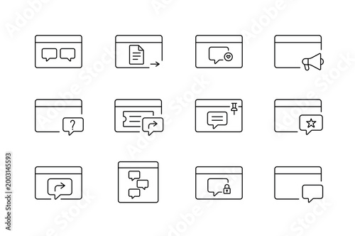 A set of communication action icons for messaging, comments, discussions, and team interaction in web and mobile interfaces, created in line style with editable stroke