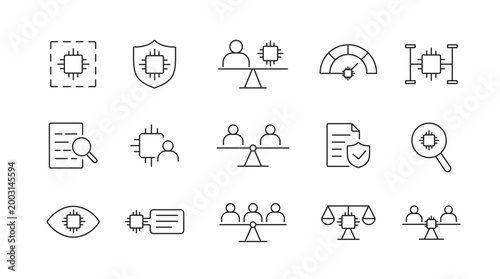 A set of AI trust and safety icons designed for monitoring fairness, ensuring human oversight, and making AI decisions more transparent and controllable, created in line style with editable stroke