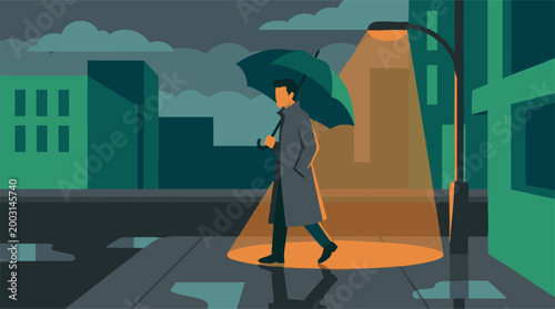 Man walking with umbrella in rainy city at night illustration