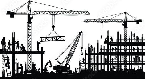 Construction Site Silhouette with Workers Cranes and Building Framework Industrial Development Scene