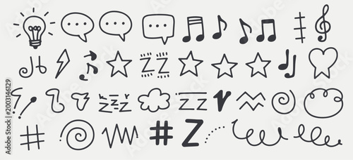 Hand drawn doodle including lightbulb speech bubbles music notes stars and more collection