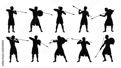silhouette of warriors with spears and shields in various poses isolated on white background high quality professional detailed modern elegant stylish