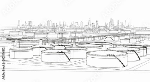 Stylized, monochromatic line drawing of a vast industrial complex with numerous storage tanks