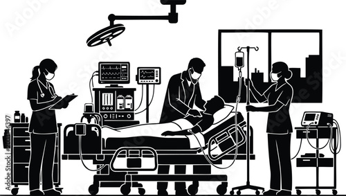 Hospital Emergency Care Silhouette with Doctors and Nurses Treating Patient in Intensive Medical Scene
