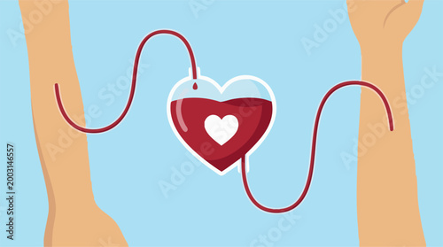 Blood donation or transfusion concept with heart symbol and arms, vector illustration