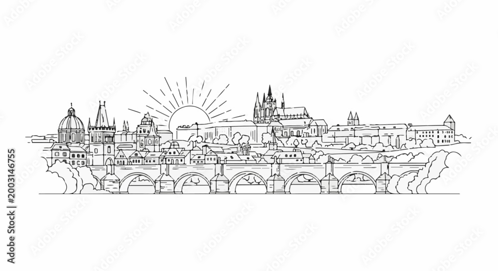Fototapeta premium Stylized line drawing of a historic cityscape with a sunburst and arched bridge