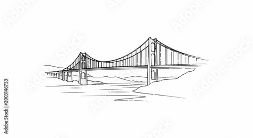 Stylized line drawing of a grand suspension bridge spanning a body of water