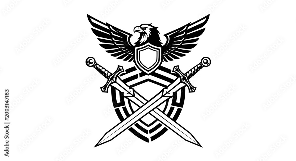 Fototapeta premium Eagle crest with swords and shield design black and white illustration