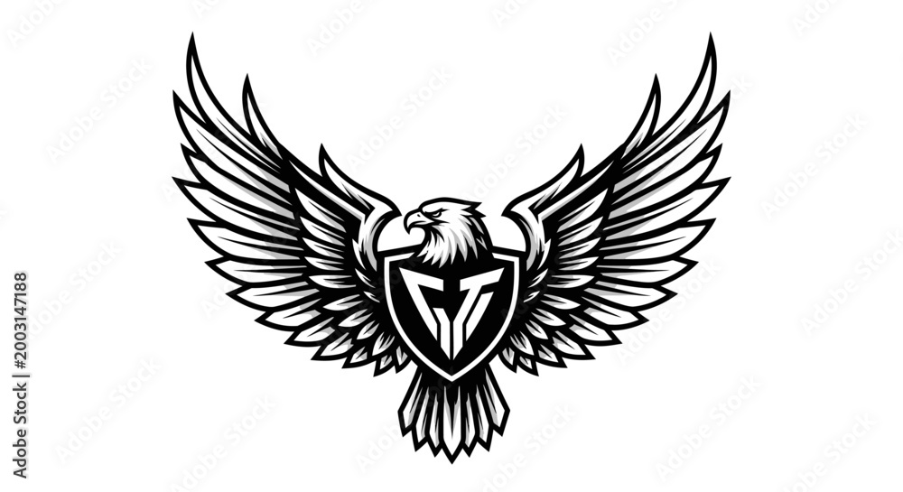 Obraz premium Eagle emblem graphic with wings spread in black and white style