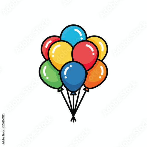 A festive bunch of colorful balloons tied together with strings.