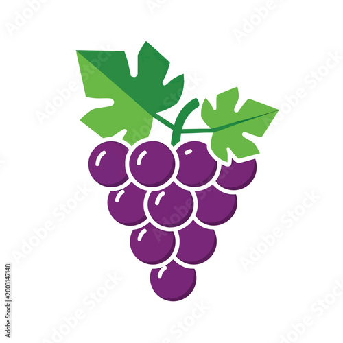 A vibrant purple grape cluster illustration with green leaves.
