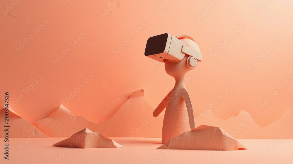 Fototapeta premium Minimalist scene depicts figure wearing vr headset. Peach tones dominate landscape, creating surreal, dreamlike atmosphere. Simple forms suggest mountains.