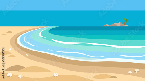 A peaceful beach scene showcases gentle waves lapping against the shore, with seashells scattered on the sand, evoking feelings of tranquility and relaxation.