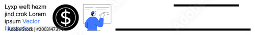 Business strategy, financial planning, data analysis, economic growth, digital tools, online transactions. Dollar sign with a person pointing at a board. Business strategy and financial planning