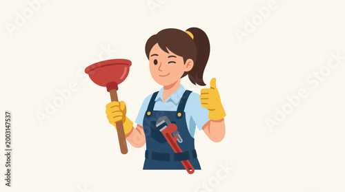 A cheerful plumber holding a plunger and wrench, signifies professionalism and expertise in plumbing, representing the importance of reliable home repair services.