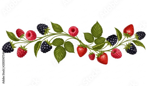 Horizontal wild berries composition vector realistic blackberries raspberries strawberries with leaves 3d food illustration isolated on white