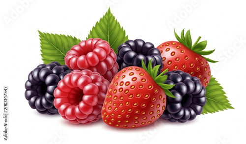Realistic mixed berries vector set with blackberries raspberries strawberries and green leaves 3d food illustration isolated on white