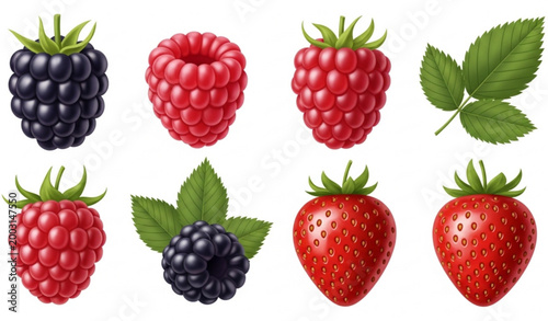Wild forest berries realistic vector set isolated elements blackberries raspberries strawberries with leaves 3d illustration on white