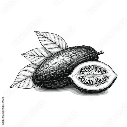 Bael fruit with leaves and cut open showing seeds and pulp inside close-up