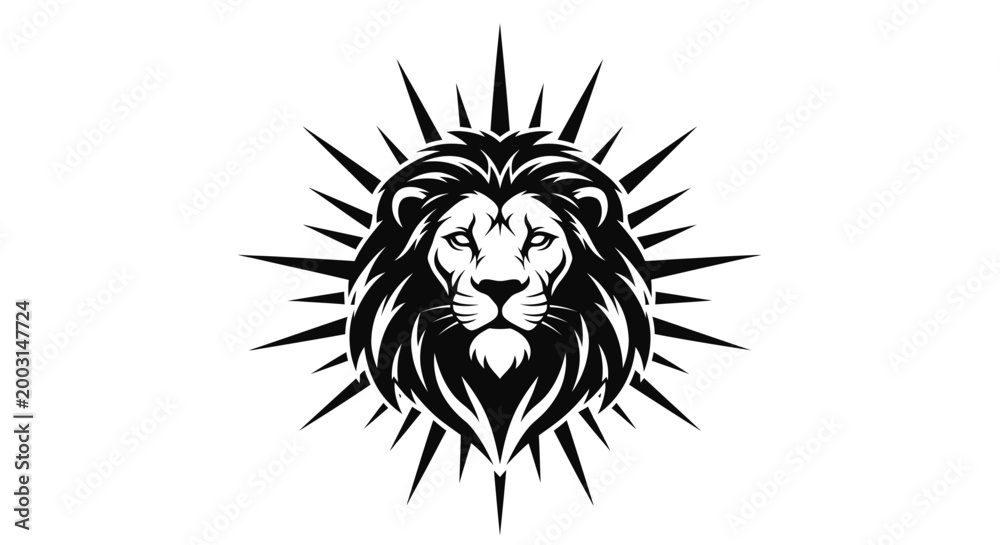 Fototapeta premium Majestic lion head with spiked sunburst element black and white design