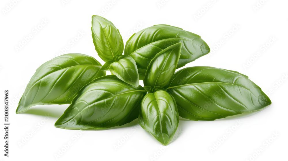Fototapeta premium Fresh green basil leaves isolated on a white background, for culinary and, healthy cooking concepts