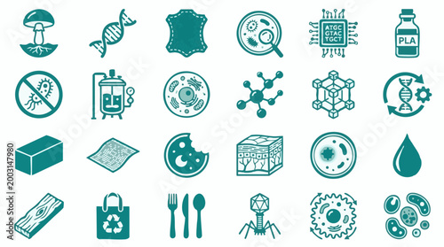 Biotechnology and Biomaterials Icons: Genetic Engineering, Microbiology, Innovations
