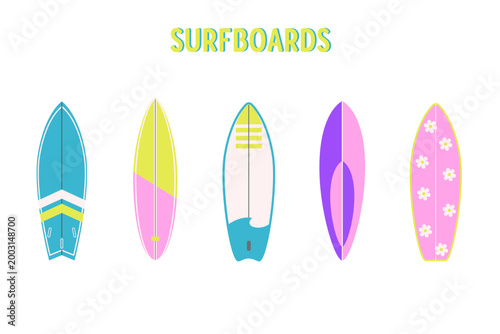 Set of colorful surfboards with different patterns. Summer vacation concept with surfing equipment for water sports and beach holiday design