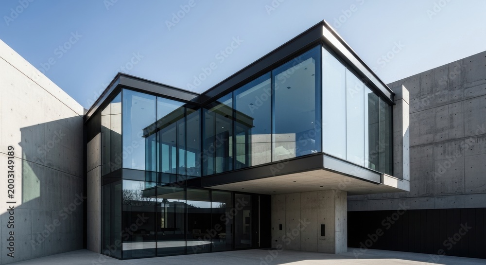 Fototapeta premium Modern angular glass facade house exterior showcasing contemporary architectural design and sleek geometric lines under a bright sky.