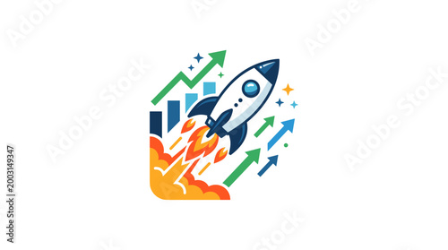 A rocket launching upwards, surrounded by upward-trending charts and arrows signifying growth.