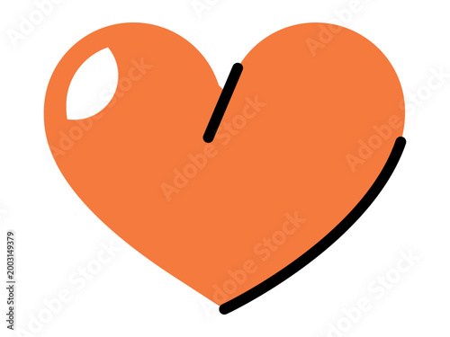 Single orange hand drawn heart shape vector illustraton. Romance, charity, health care, valentine, donation, wedding. Peach colored doodle love symbol with black stroke accents