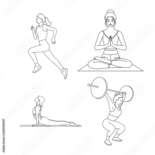 Minimalist line art illustrations of women practicing yoga, weightlifting, and running, perfect for clean and modern editorial designs.
