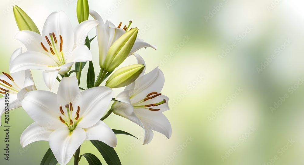 Fototapeta premium Elegant white lily flowers on soft green background with natural lighting.